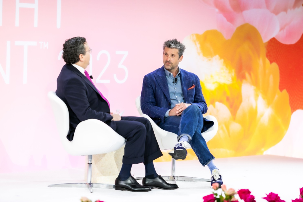 Patrick Dempsey, actor and founder of the Dempsey Center for cancer patients, talks with Steve Alperin, CEO of SurvivorNet, at the PHM HealthFront 2023