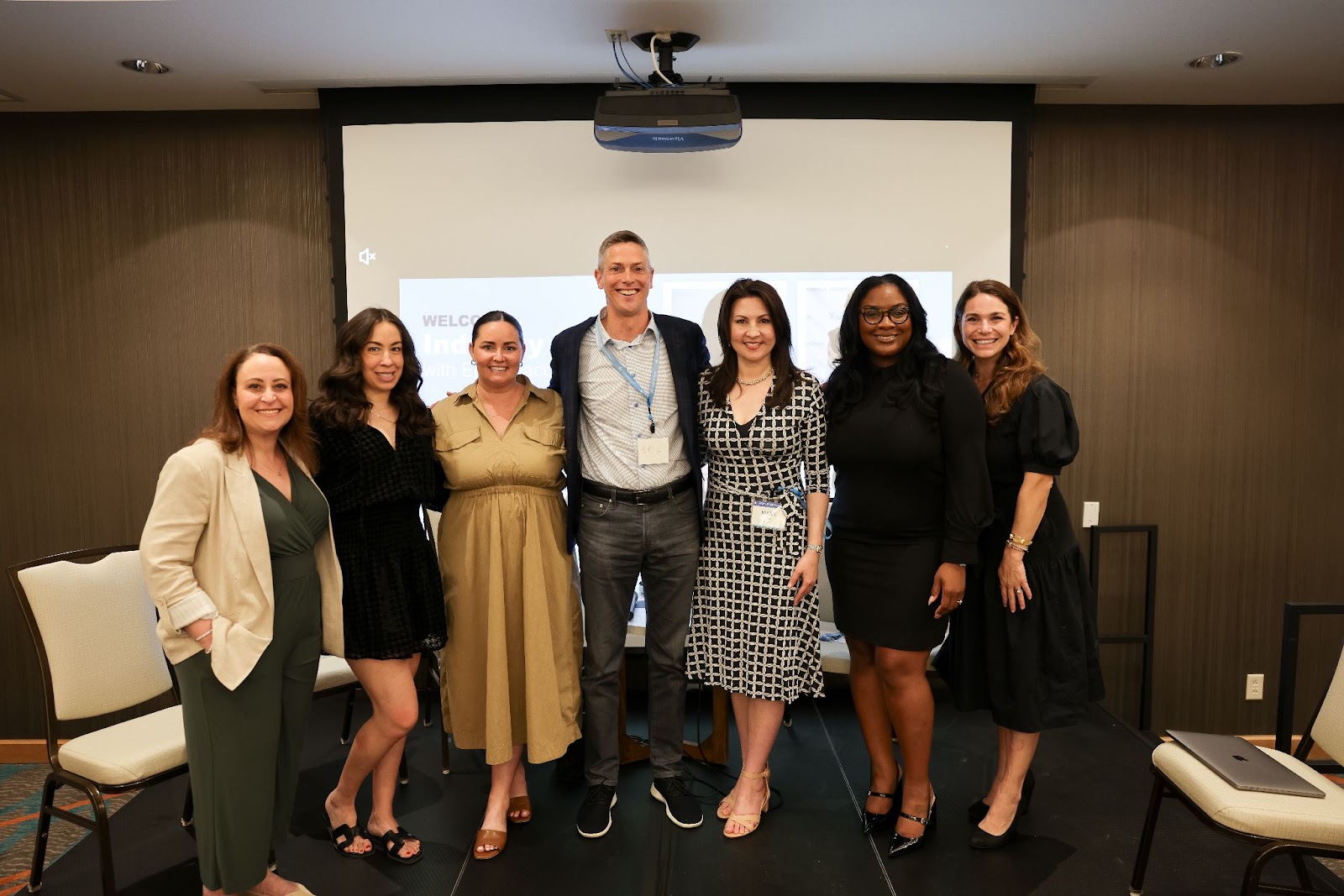 The New Marketing Playbook. Pictured from left to right are Alison Tapia of Dermavant Sciences, Jessica Zoldessy and Kait Holden of HealixGlobal, MyHealthTeam co-founders Eric Peacock and Mary Ray, April Clayton of bluebird bio, and Italia Mombello of Greater Than One.